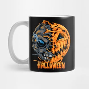 half pumpkin skull scary halloween art Mug